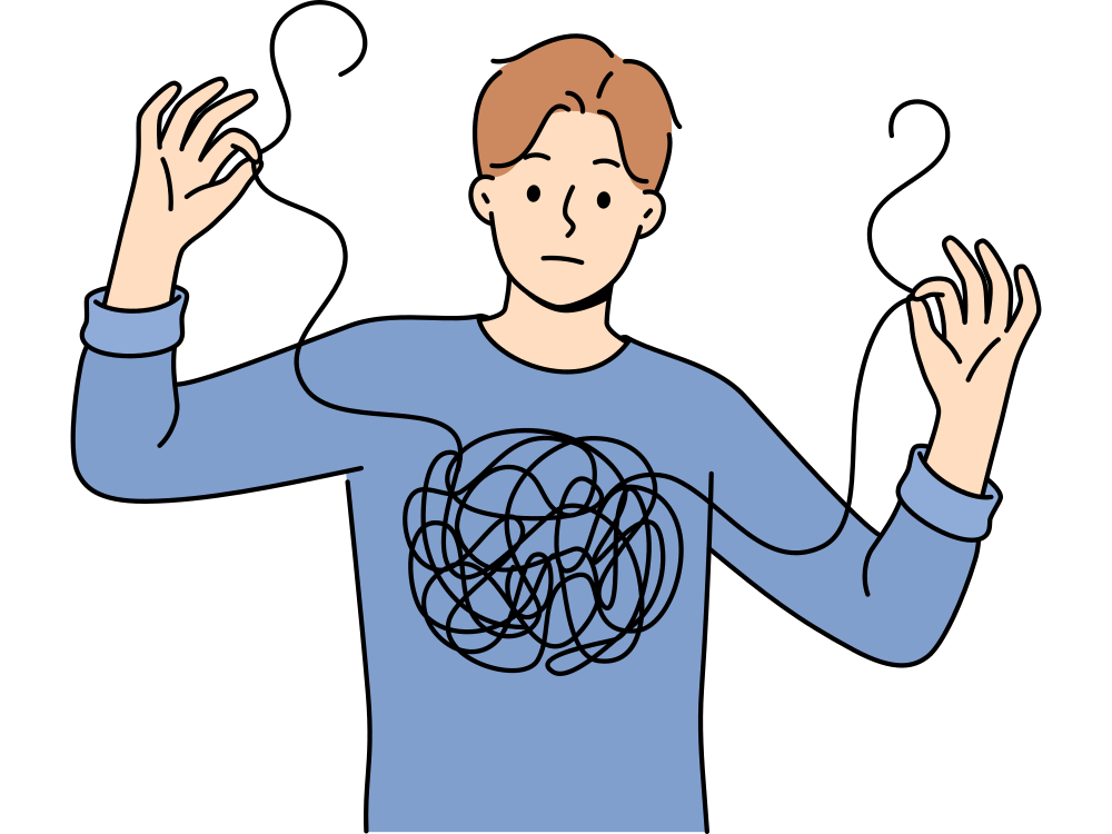 Ilustração de uma pessoa tentando entender seus sentimentos que estão embaralhados e a necessidade de buscar apoio psicológico profissional para o bem-estar.